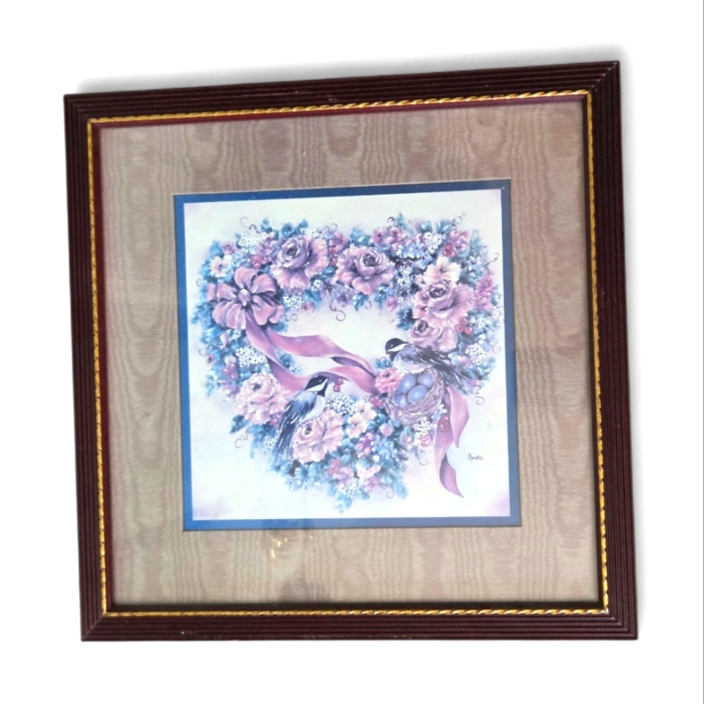 Vintage Home Interiors 90's Framed Heart Shape Floral Wreath Love Birds Wall Art